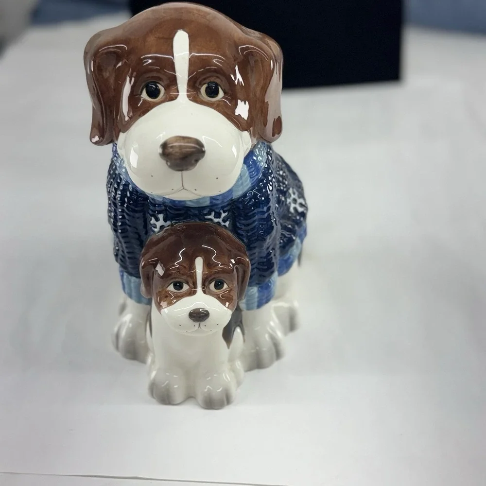 Mercuries Beagle Dog in Blue Knit Sweater With Puppy Ceramic Cookie Jar Vintage